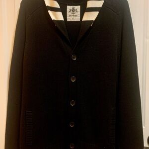 Express Men's Black Cardigan with White Striped Collar